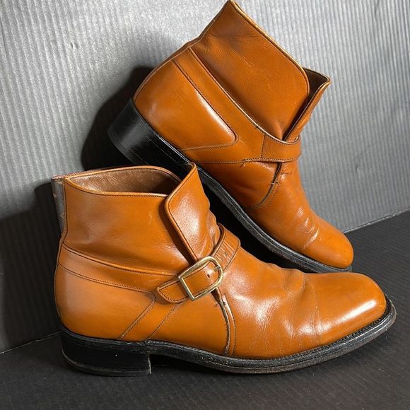 Men’s Vintage Slip on Cognac Orange Leather Boots - Picture 2 of 16
